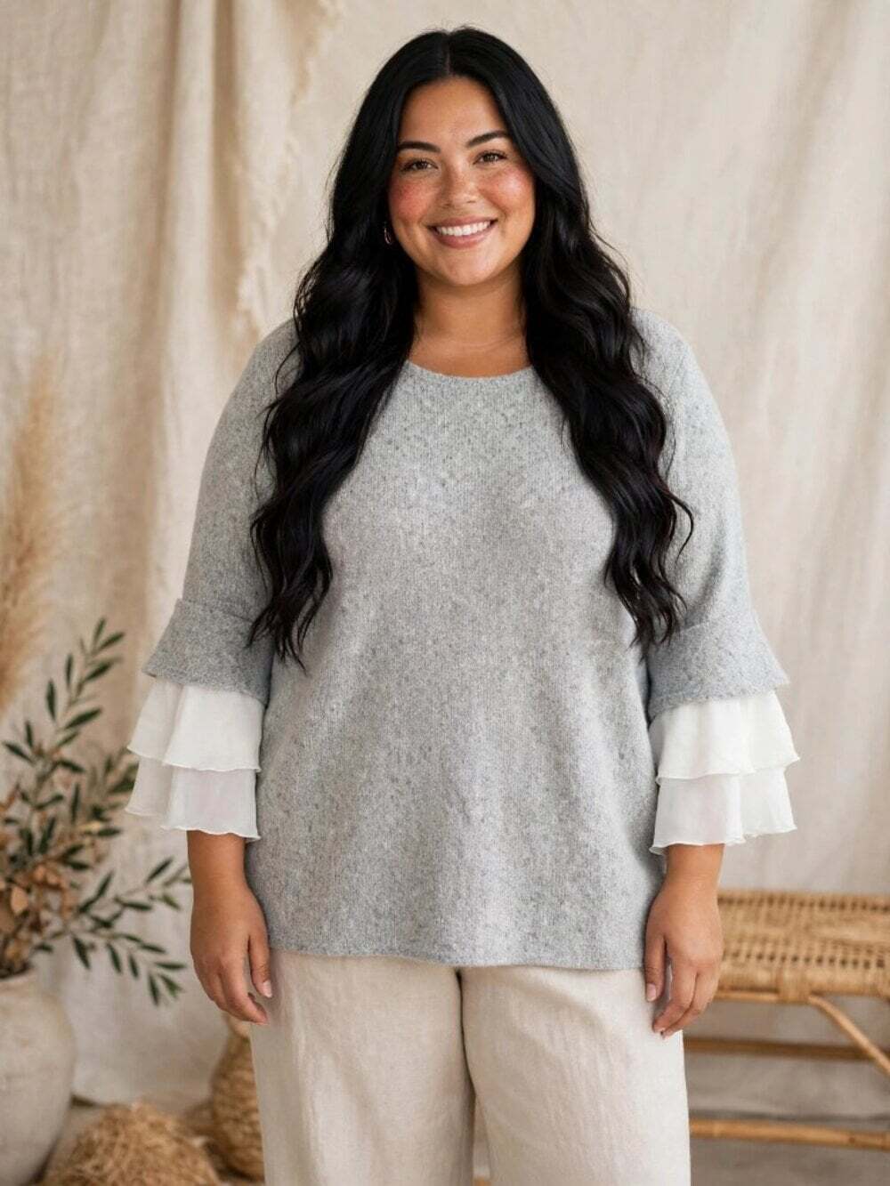 Nina Leonard 3X Grey Knit Sweater Boho Feminine White Chiffon Ruffle Sleeve - Picture 1 of 11